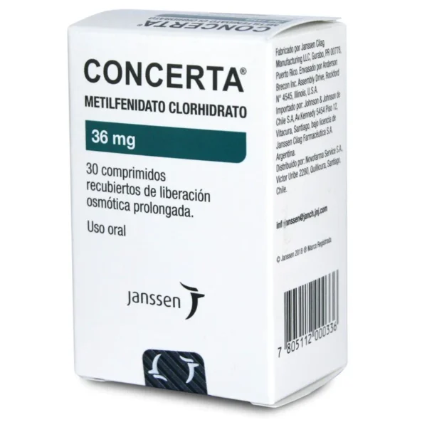 Caja de Concerta 36 mg, metilfenidato de liberación prolongada para TDAH, venta en Perú