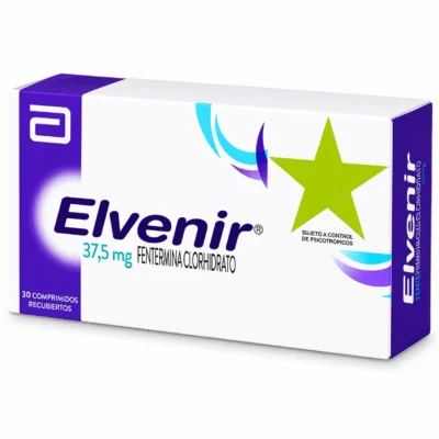 Elvenir mg Fentermina Clorhidrato caja con 30 comprimidos recubiertos para control de peso bajo prescripción médica.