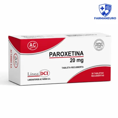 Paroxetina 20 mg AC Farma Perú, tabletas recubiertas para el tratamiento de la depresión, trastornos de ansiedad, trastorno obsesivo compulsivo y trastorno de pánico.