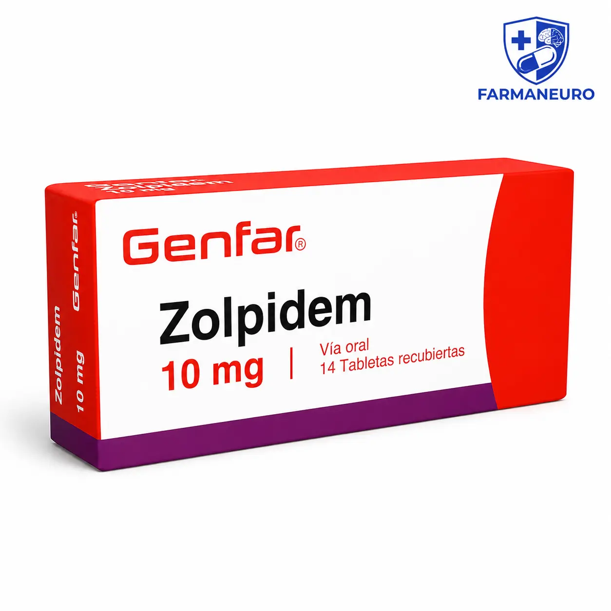 Zolpidem 10 mg Genfar Perú, tabletas recubiertas por vía oral para el tratamiento del insomnio, imagen del producto.